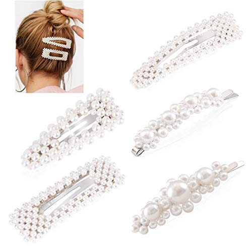 Cubaco Pearls Hair Clips for Girls Women Wedding Bridal,Hair Barrettes Hair Pins 5 Pack Silver Different Shapes Clip Hair Styling Tools Accessories for Women Gifts