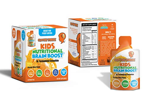 Kids Nutritional Brain Supplement with Immune Boosters - Healthy Brain Function, Vision & Heart Health - Omega Fish Oil DHA EPA, VIT C, Turmeric - Boost Child Memory & Focus - Liquid Squeeze Pouch