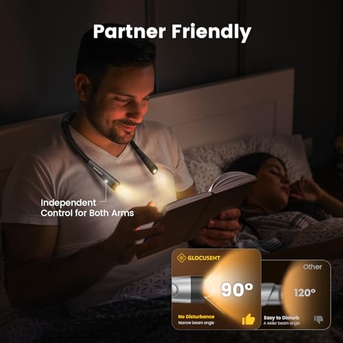 Glocusent Reading Light, Orignal LED Neck Light with 3 Colors & 6 Brightness Levels, Bendable Arms, Rechargeable Reading Lights for Books in Bed, Long Lasting, Perfect Book Light for Reading, Knitting