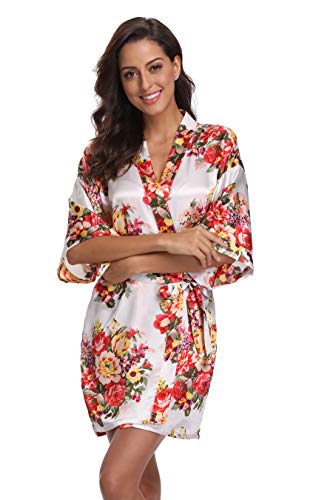 White Robes for Bride Women's Floral Satin Robe Short Silk Lightweight Bridal Kimono Bathrobe Sleepwear, M