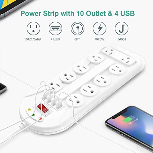Surge Protector Power Strip with USB, 6ft Extension Cord, 10 Outlets and 4 USB Ports, AUOPLUS Mountable Power Strips… - Image 3