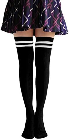 USOLDFLY Women's Girls Two Stripes Knee Thigh High Socks Stockings Black