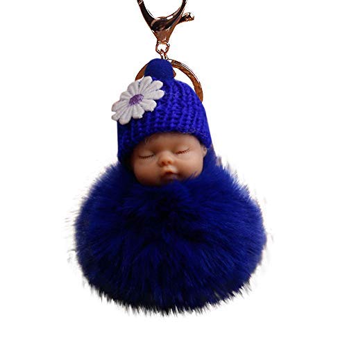 Sleeping Baby Plush Pompom Keychain,Crytech Cute Fluffy Fuzzy Slept Baby Doll Pom Pom Key Chain Handbag Pendant Charm Keyring Ring for Backpack Car Key Purse Cellphone Accessory (Blue)