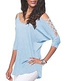 iGENJUN Women's Hollowed Out Cold Shoulder Half Sleeve Tops,L,Light Blue