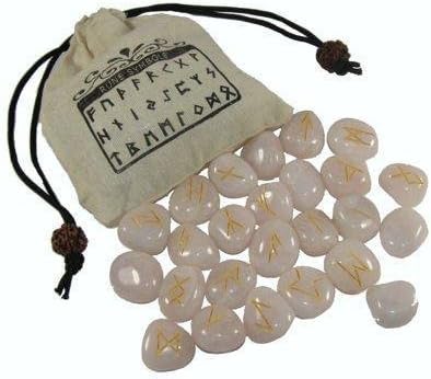 Stunning Rose Quartz Runes in a Jute Bag with Rudraksh beads by Crystal Magick