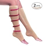 Lingssss Zipper Compression Socks Medical, 2 Pair Toeless Nurse Zip Compression Socks with Zipper Easy on off 15-20 mmHg for Varicose Veins, Edema, Swollen Sore Legs