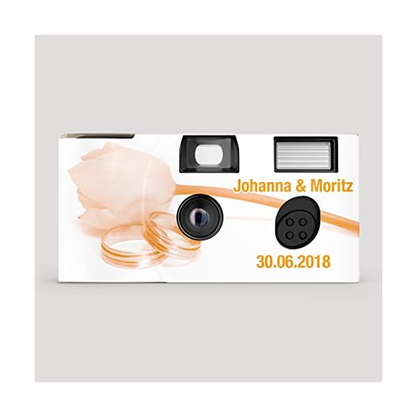 Hochzeitskamera Einwegkamera Tulpe & Ringe orange mit Personalisierung, ISO 400, 27 Aufnahmen, Blitz – Bild 3