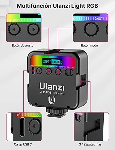 ULANZI VL49 RGB Video Lights, LED Camera Light 360° Full Color Portable Photography Lighting w 3 Cold Shoe, 2000mAh Rechargeable CRI 95+ 2500-9000K Dimmable Panel Lamp Support Magnetic Attraction