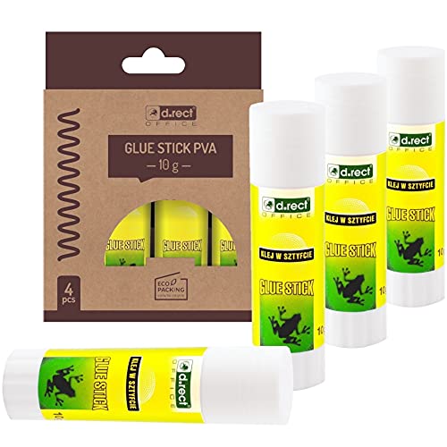 D.RECT - Lot de 4 Bâtons de Colle PVA | Colle Forte pour Fournitures Scolaires et de Bureau | Emballage Carton Ecologique | Incolore, Inodore | Contenu 10 g