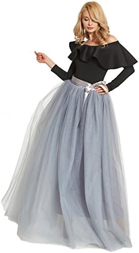 Maxi Long Tutu Tulle Skirt for Women Floor Length A Line Pleated Puffy Wedding Bridesmaid Skirts (45.3inches, Grey)