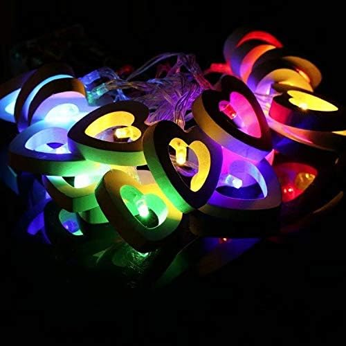 10 LED Lights Wooden Love Heart Fairy Lights Battery Operated Decorative String Lamp for Valentine's Day Wedding Garden Bedroom Festival Birthday Party Decoration(Colour)