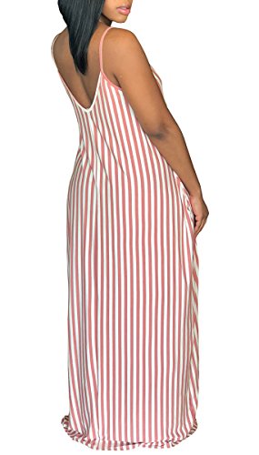 Women's Casual Stripe Long Maxi Dresses with Pockets Spaghetti Strap Sleeveless Loose Beach Sundress