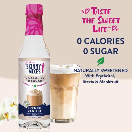 JORDAN’S SKINNY SYRUPS SUGAR FREE SYRUP, FRENCH VANILLA SYRUP, 12.6 OZ, ZERO SUGAR AND ZERO CALORIE FLAVORING FOR COFFEE, PROTEIN SHAKE, COCKTAIL OR MOCKTAIL DRINKS AND MORE, NATURALLY SWEETENED LINE