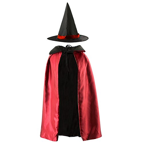 Acecharming Kids' Witch Cape with Hat Double Side Vampire Cloak for Halloween (Length 90cm, Red)