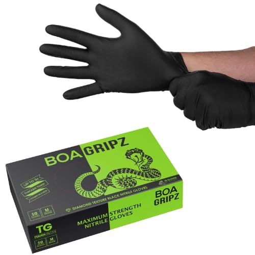 TG TOUGH GLOVE BOA Gripz (S) Nitrile Gloves (Pack Of 50) | Strong Black Disposable Gloves | Diamond Textured | Powder & Latex Free Strong Midweight Mechanic Industrial Glove