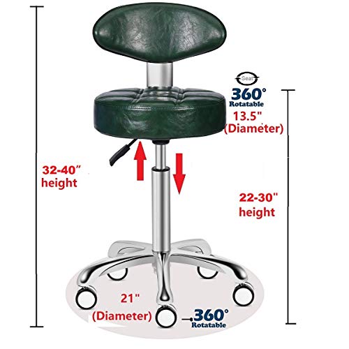 Kaleurrier Rolling Stool Salon Chair with Smooth-Rolling Wheels 360-degree Swivel Seat Heavy Duty Hydraulic Height Adjustable High Barber Cutting Stools (Green, with Backrest)