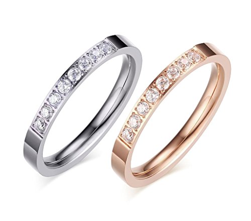 2 Pcs Set 4mm Stainless Steel Thin Prong Cubic Zirconia Eternity Wedding Rings for Women,Silver/Rose