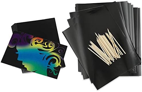 Scratch Class Art Drawing Colored Paper + Wooden Tools & Mini Trading Card Rainbow Sketching Fun Kit Includes Wood Stylus Pack