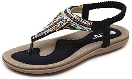Navoku Women's Casual Jeweled Leather Thong Sandals Sandles Black 38 7 D(M) US