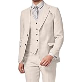WOUIEWN Linen Suit for Men Casual Slim Fit Vintage Suits Groomsmen Suits Wedding Summer Beach Blazer Vest Pants Set