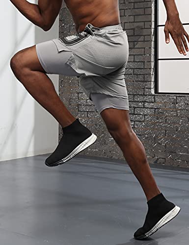iWoo Men\'s 2 in 1 Workout Running Shorts Quick Dry Compression Shorts with Pockets Grey