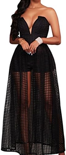 Shinieny Women's Strapless V Neck Mesh Hollow Out Prom Evening Long Dress