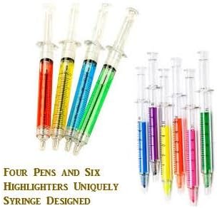 Perfect for any Medical Office or for any Medical Student - Cute Syringe Style Ballpoint Pen and Highlighter Bundle - Four (4) Pens + Six (6) Highlighters