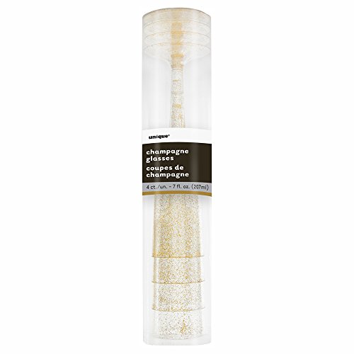 Unique Party 63651 - Gold Glitter Plastic Champagne Flutes, Pack of 4