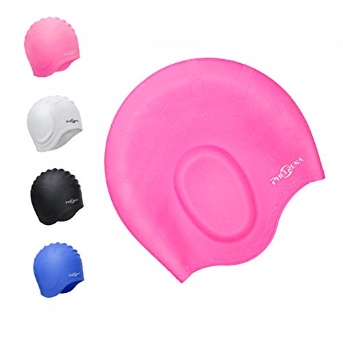 PHELRENA Swimming Cap Waterproof Premium Silicone Solid Long Hair Earmuffs Swim Cap Flexible