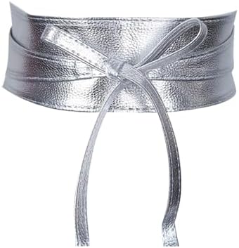 Women Silver Obi Belt Fashion Wrap Around Wide Waistband Knotted Belt for Dress Metallic Silver Obi belt soft genuine leather wrap belt  main image 4