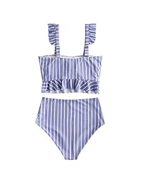 ZAFUL Tankini de dos piezas con volantes y cintura alta, a rayas, para dama