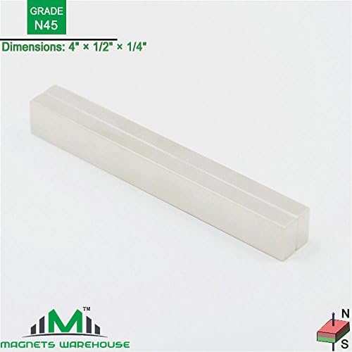 2-count neodymium N45 rare earth NdFeb block magnets 4 x 1/2 x 1/4" (true N45)