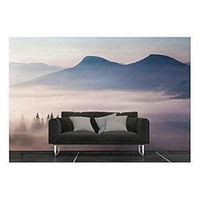 Large Wall Mural - Black Mountains with Fog at Sunset Time | Self-Adhesive Vinyl Wallpaper/Removable Modern Wall Decor - 66x96 inches