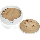 Zodax Round Burl Wood Coasters in White Tray - Set of 4 Coasters