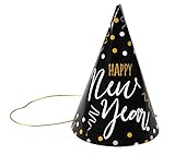 New Years Eve Party Hats - 24-Pack Cone Shaped Paper Hats Holiday Supplies, Black with Confetti Design, Includes Gold Elastic String, Easy Assembly, For Kids and Adults, 4.6 x 7 Inches