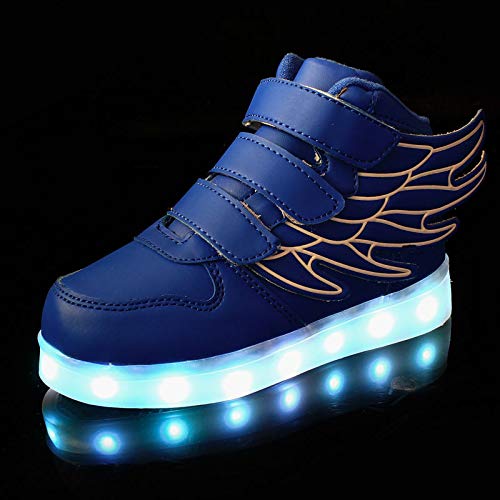 RioRand Kids Lights Up Sneakers Boys Girls Flashing Rechargeable Dance Shoes Athletic Wings Fashion High Top 7 Colors LED Shoes Blue
