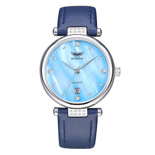 Women Watches - KESONA Diamond Watches - Fashion Waterproof Watch Sapphire Glass Mother of Pearl Dial with Leather Band(Blue) Women Watches - KESONA Diamond Watches - Fashion Waterproof Watch Sapphire Glass Mother of Pearl Dial with Leather Band(Blue)