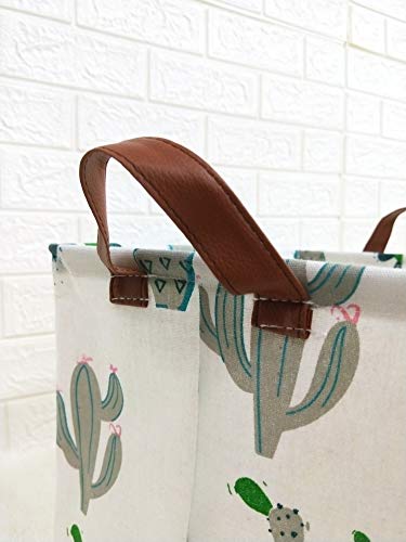 TIBAOLOVER Square Natural Linen & Cotton Fabric Storage Bin Handles organizing Kids Toy/Playroom Organization/Toy Bin/Closet/Shelf Baskets/Baby Hamper (Green and Gray Cactus)