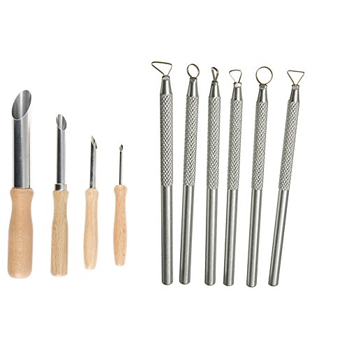 Highmoor 4-Piece Stainless Steel and Wood Round Clay Hole Cutters + 6 pcs Clay Ribbon Sculpting Tool Set Kit, Mini Sludge Pottery Aluminum Clay Scraper Clay Sculpture Carving Modelling Tools