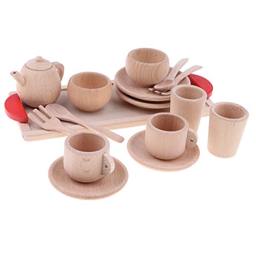 B Blesiya 16-Piece Wooden Tea Set Pretend Play Toy Educational Game for Kids Children - Soild Beech Saucer Cup Salver Teapot Coffee Set