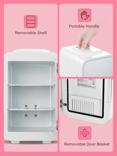 FOHERE Mini Fridge for Bedrooms, 5L/6 Can Portable Skincare Fridge with Dimmable LED Light Mirror, Cooler & Warmer for Food, Drinks and Cosmetic, Small Refrigerator for Home Office