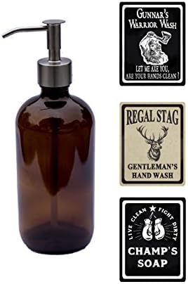 Milkweed Farms 16 oz Men's Glass Soap Dispenser with Waterproof Labels (Amber)