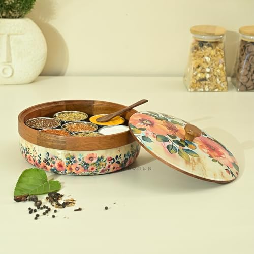 Brick Brown® Wooden Masala Box, Pastel Color, Enameled, for Kitchen, Spice Jars, Spice Rack, Masala Dani Organizer, Storage Box with 7 Containers and 1 Wooden Spoon (21.1 x 10.7cm)