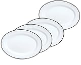 Crow Canyon Enamelware Oval Dinner/Salad/Serving Plates, Classic Tableware - Set of 4 - Solid White with Black Rim Color, 12 Inches x 8.75 Inches