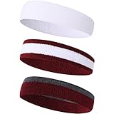 3PCS Cotton Headband 28 Choice Sweatband Head Wrap Headwear Cotton Absorbent By VANCROWN ((10).3PC.WH+Maroon/WH+DKGY/Maroon)