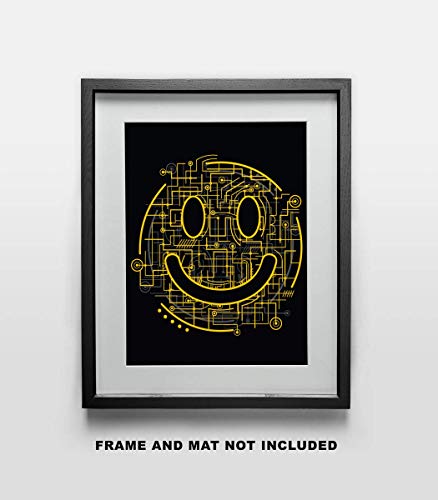 Yellow Happy Face Circuit Board Inspirational STEM Art Print - 11x14 Unframed Art Poster - Great Gift For Science or Technology. Looks Great in an Office, School, Bedroom or Dorm Decor.