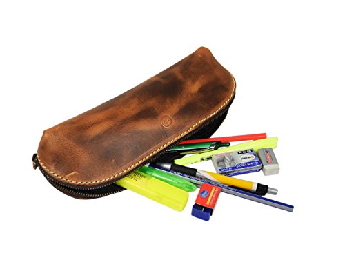 image for Vintage Leather Zippered Pen/Pencil Case | Classic Cylindrical Design 