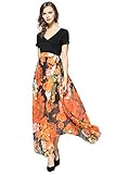 Joy EnvyLand Women V Neck Tunic Floral Chiffon Evening Party Maxi Swing Dress,Orange,Medium
