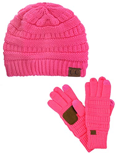 C.C Unisex Soft Stretch Cable Knit Beanie and Anti-Slip Touchscreen Gloves  2 Pc Set, Candy Pink | Pricepulse