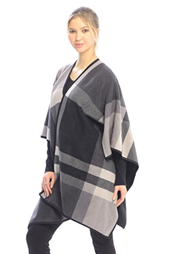 BYOS Women Winter Reversible Plaid Checked Houndstooth to Black Warm Fleece Open Front Poncho Ruana Wrap Cape (Gray Check)